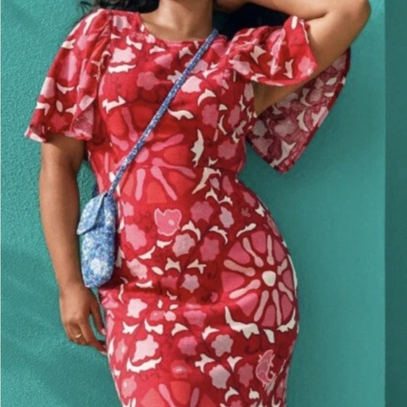 Rhode X Target Women's 6 Zinnia Floral Print Bell Sleeve Midi Dress Red/Pink - Picture 3 of 10